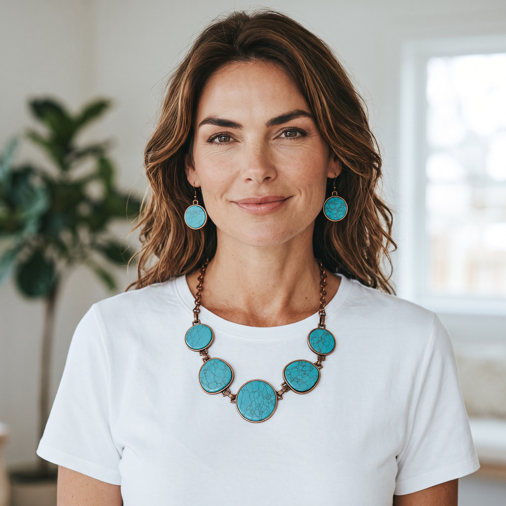 Turquoise Look Statement Necklace Earrings Set Antique Copper Tone Jewelry